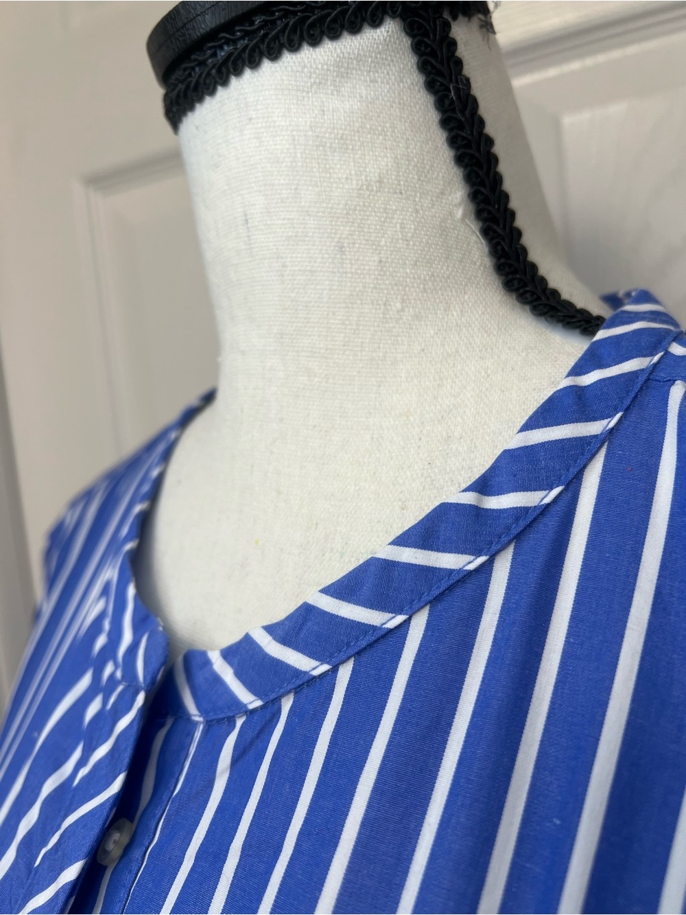 Striped Blue and White Long-Sleeve Maxi Dress with Self Tie - Picture 2 of 11